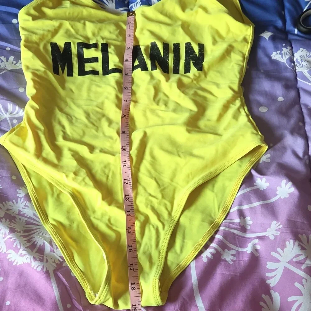 Neon Yellow Black MELANIN Logo One Piece Swimsuit Wide Straps Women's M